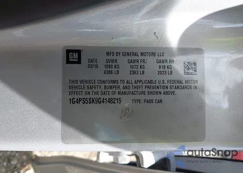 2016 Buick Verano Leather Group из США, поврежденный, VIN 1G4PS5SK9G4148215